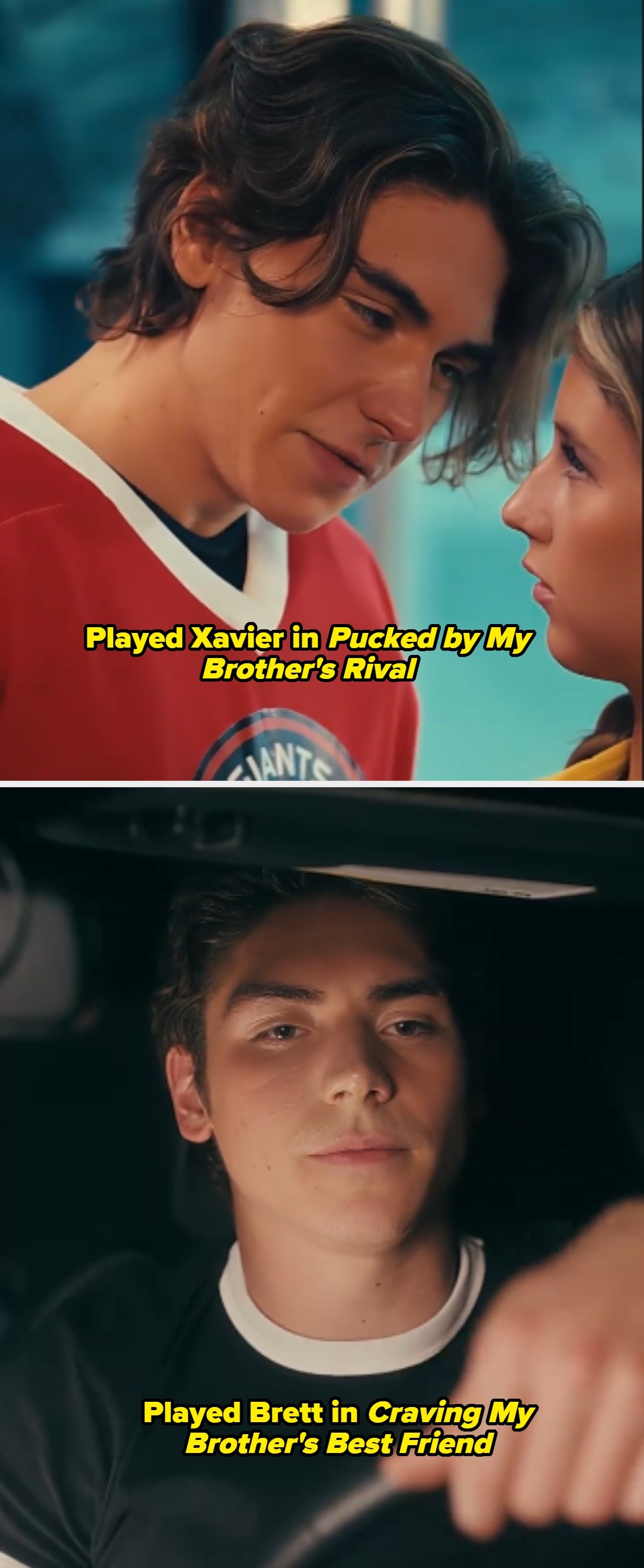 Two people gaze at each other closely. The person on the left wears a jersey with a circular logo. The scene suggests an emotional moment