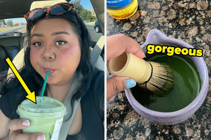 Person sipping a green drink with a straw in a car; second image shows a hand mixing green matcha tea labeled "gorgeous."
