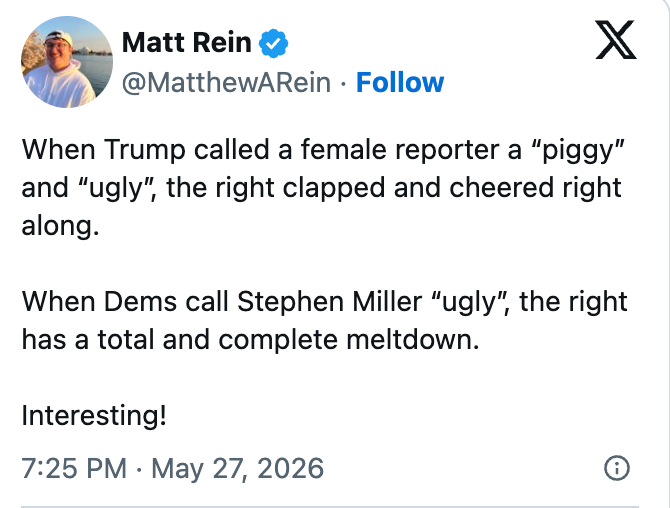 Tweet by Matt Rein discussing contrasting reactions to comments connected quality by governmental sides