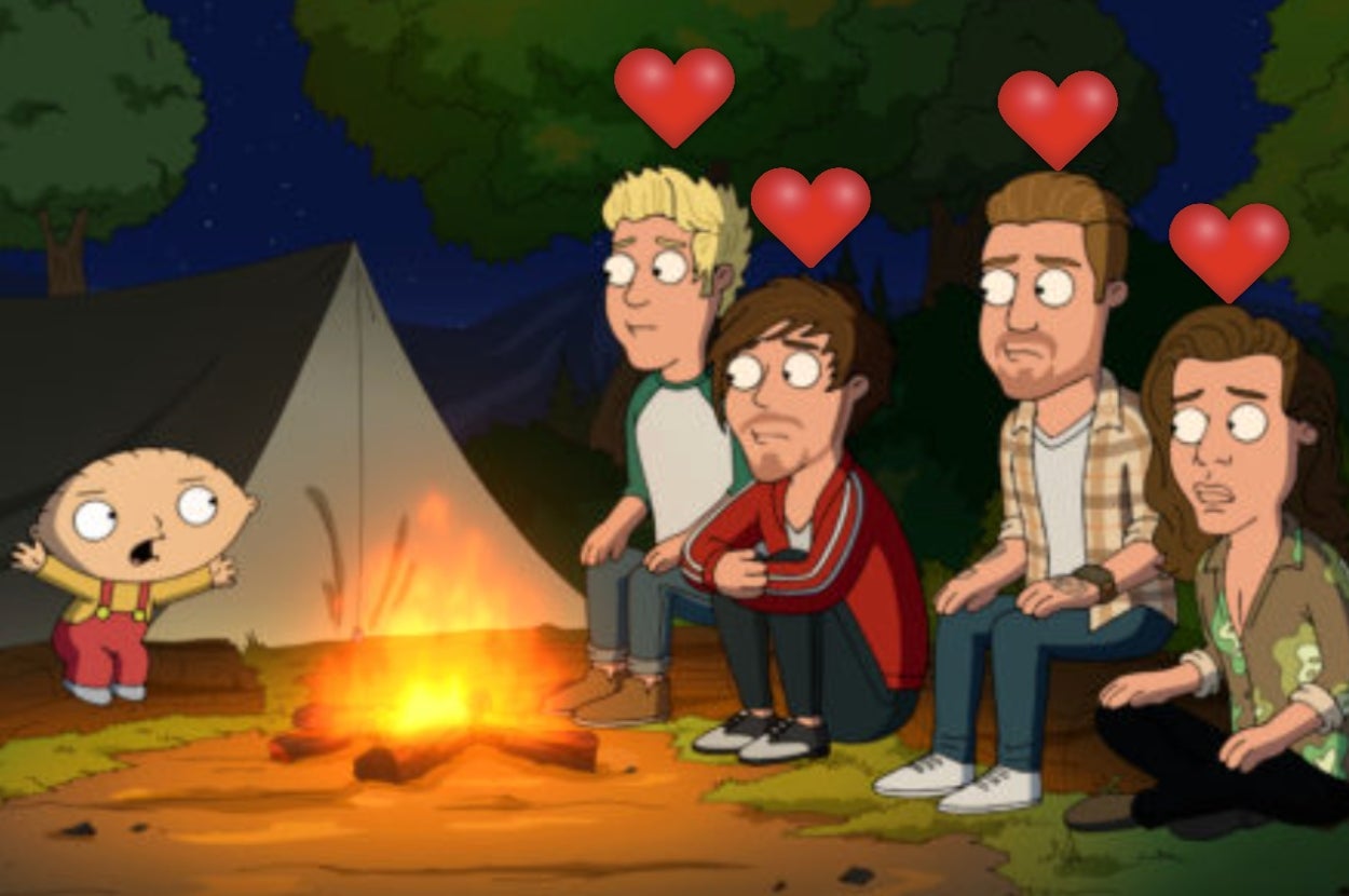 Animated characters sit around a campfire with heart icons above their heads, listening to a child speaker by a tent