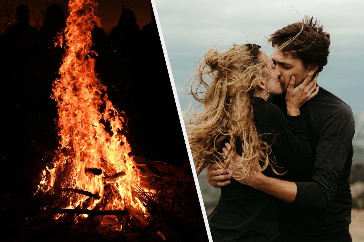 Left: Large bonfire with silhouetted figures. Right: Couple embracing, woman with windblown hair, man in dark clothing