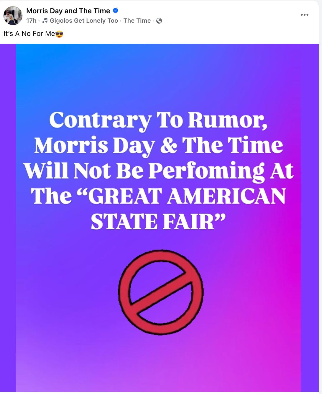 Gambar teks dengan pernyataan yang mengklarifikasi bahwa Morris Day & Waktu tidak akan tampil di 