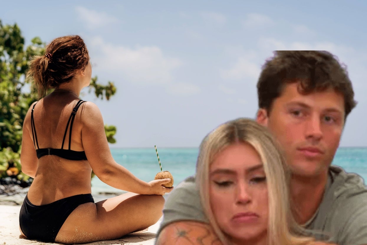 A person in a black swimsuit sits on a beach with a coconut drink. Inset of a couple looking serious. Tropical setting
