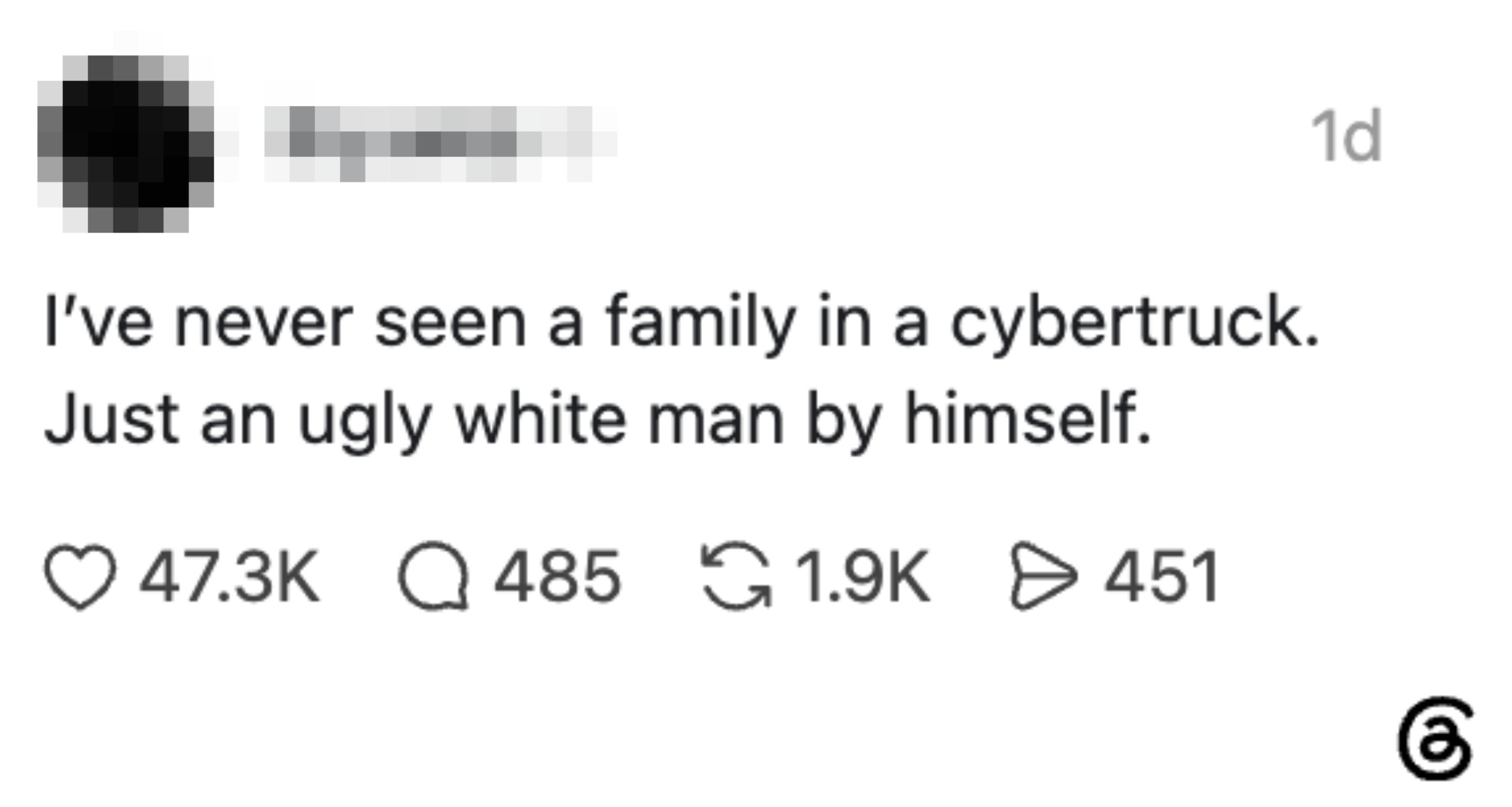 Et innlegg på sosiale medier hevder humoristisk at bare en ensom, lite attraktiv hvit mann noen gang blir sett i en nettbil, ikke en familie