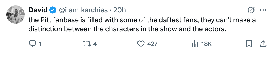Tweet by David criticizing the "Pitt" fanbase for confusing characters with actors