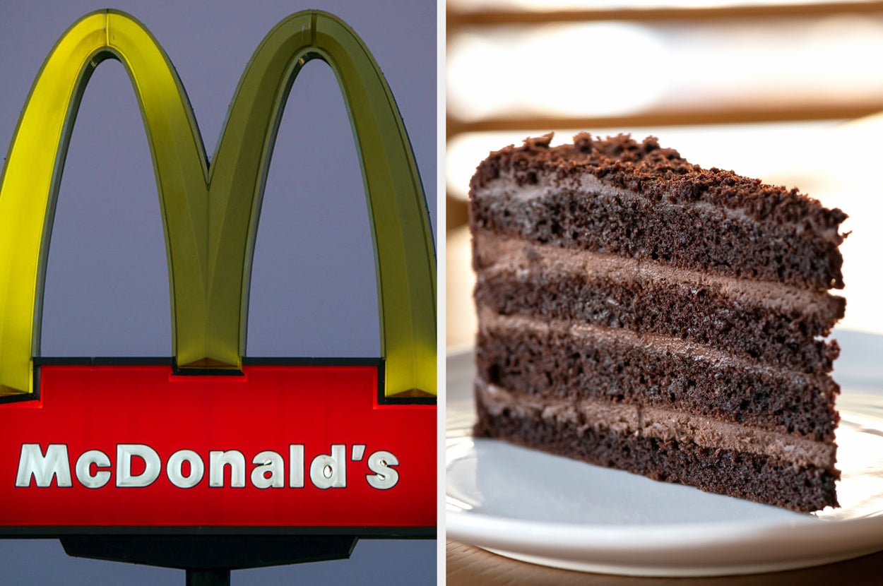 Split image: McDonald's sign on the left, chocolate layer cake slice on a plate on the right