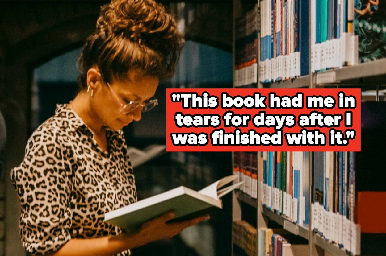 Person reading a book in a library next to a quote saying, "This book had me in tears for days after I was finished with it."