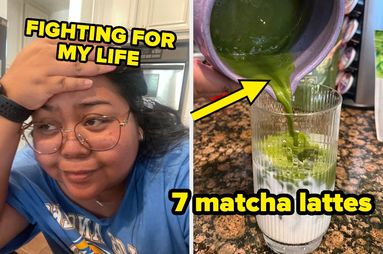 A person looks overwhelmed, next to an image of matcha being poured into a glass, with humorous text about seven matcha lattes