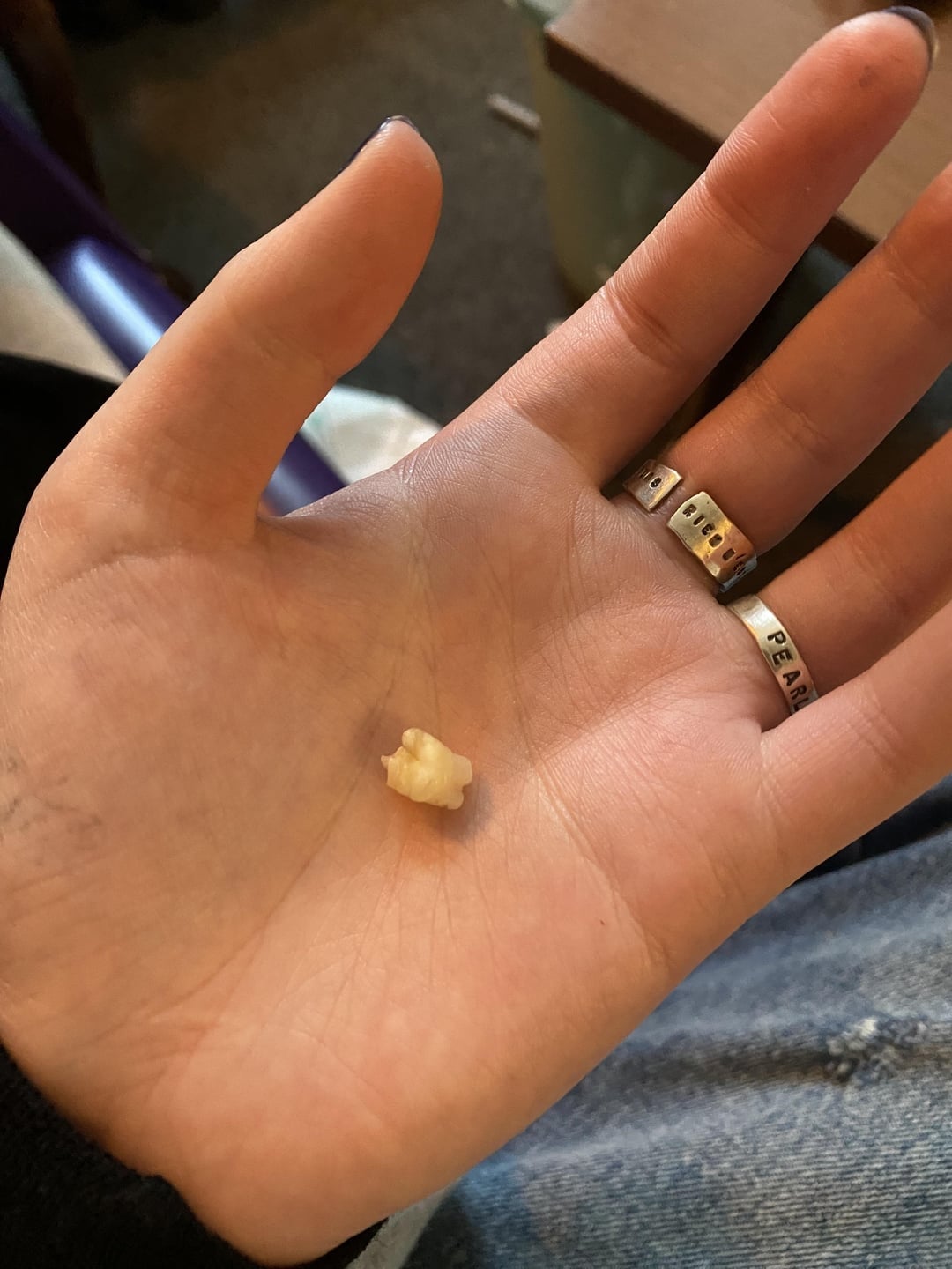 Sebuah tangan memegang gigi susu kecil, dengan cincin di jari tengah dan telunjuk