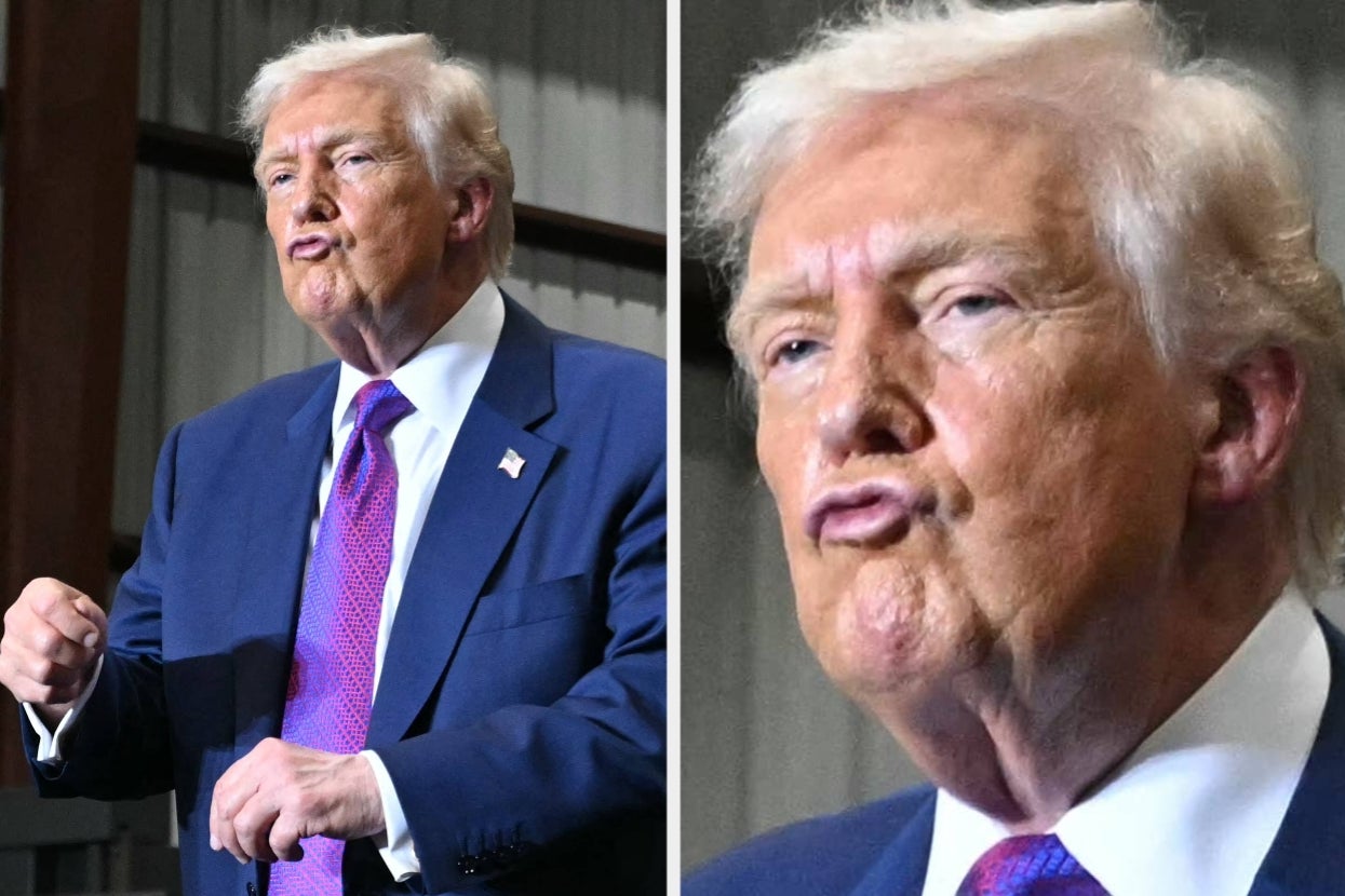 A man in a suit makes expressive gestures, appearing to speak passionately. Two images show different angles
