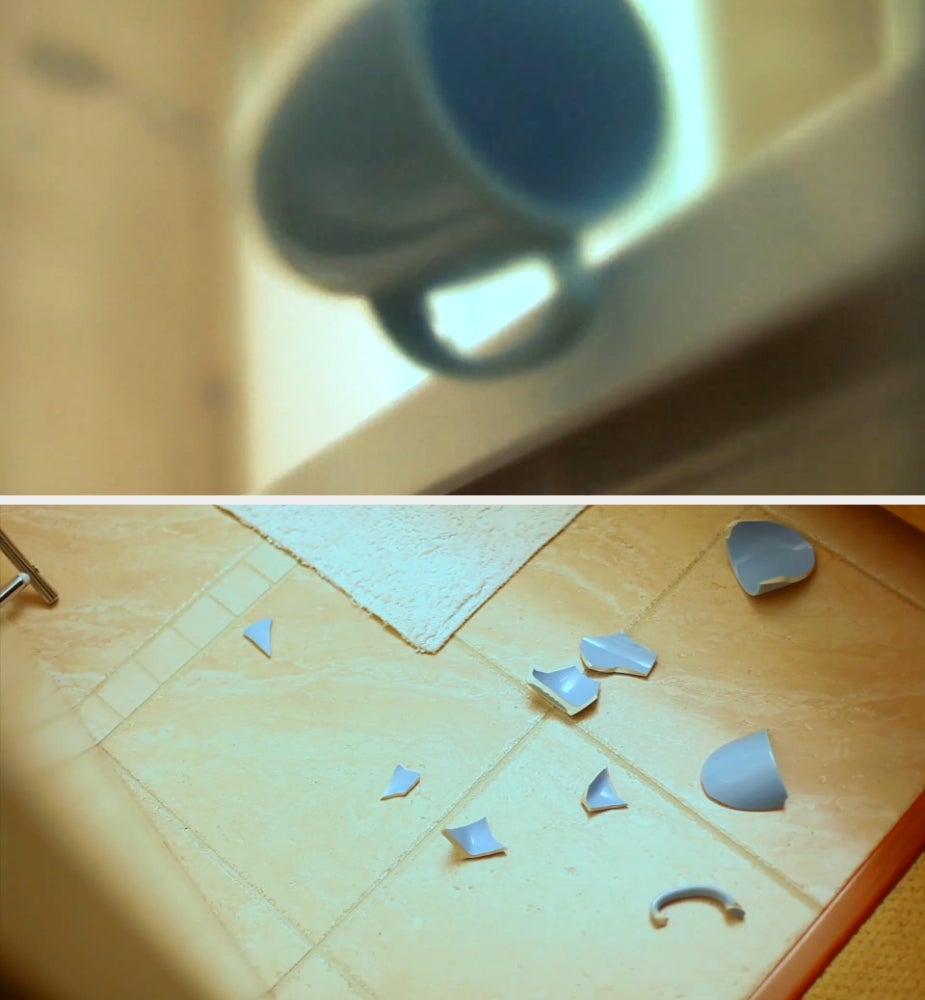 Ceramic mug falls from a array  and breaks into pieces connected  a tiled floor