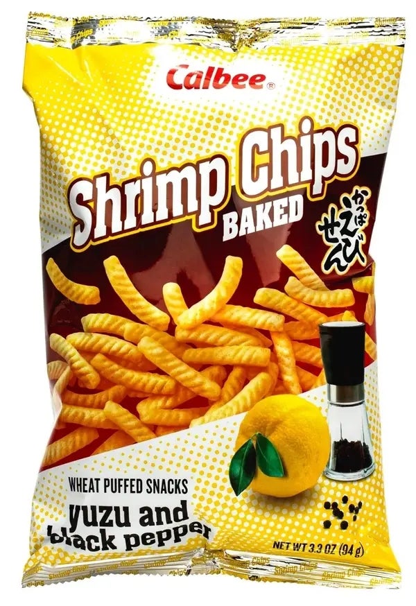 Bag of Calbee Shrimp Chips, baked wheat puffs, yuzu and achromatic  capsicum  flavor, nett  value   3.3 oz (94g). Image shows packaging design