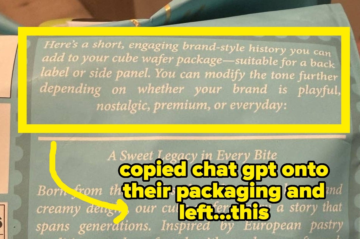 Image of wafer packaging with placeholder text suggesting customization for brand style. Arrow points to text, noting it was mistakenly left on the package