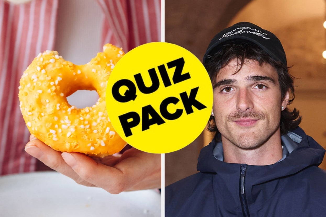 Man wearing casual jacket and cap next to a hand holding a doughnut with sprinkles; "Quiz Pack" text on a yellow circle