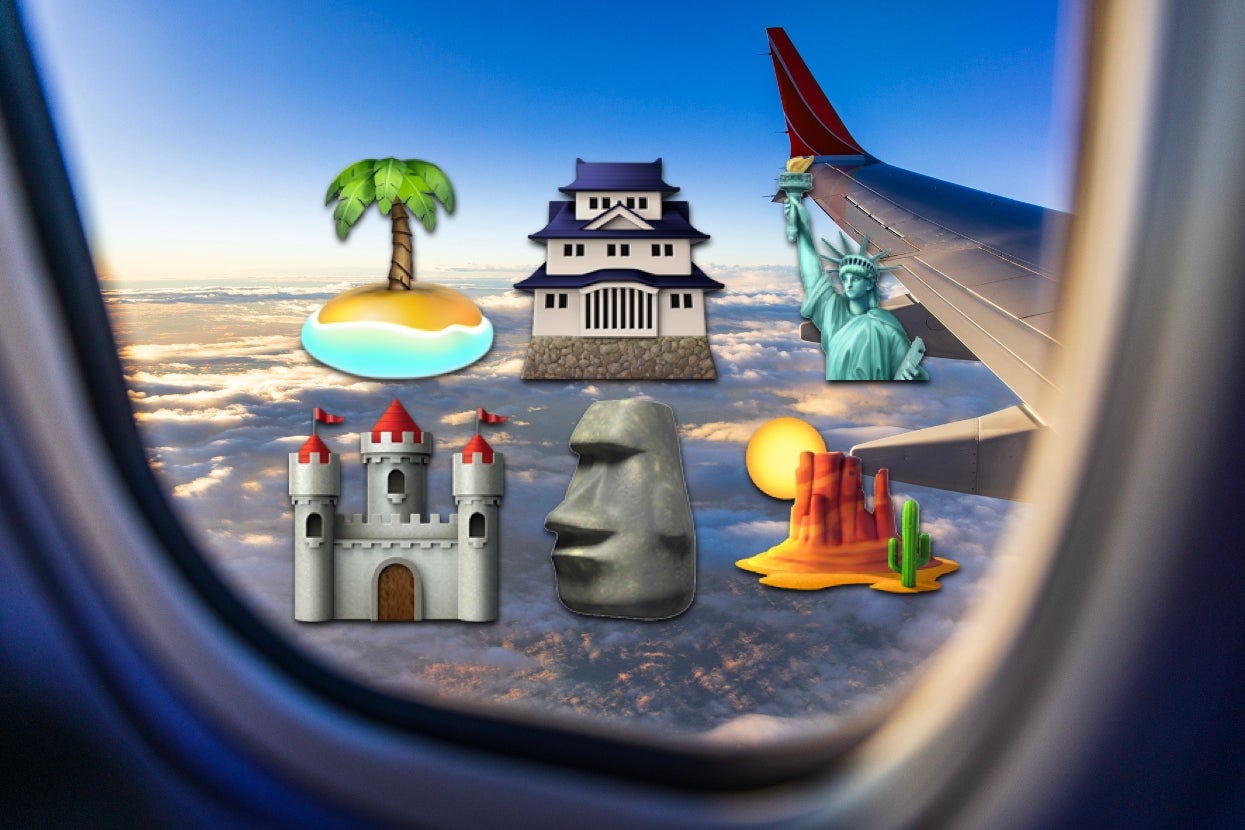 View from airplane window of clouds and sky with overlay of travel-themed emojis, including landmarks and a palm tree island
