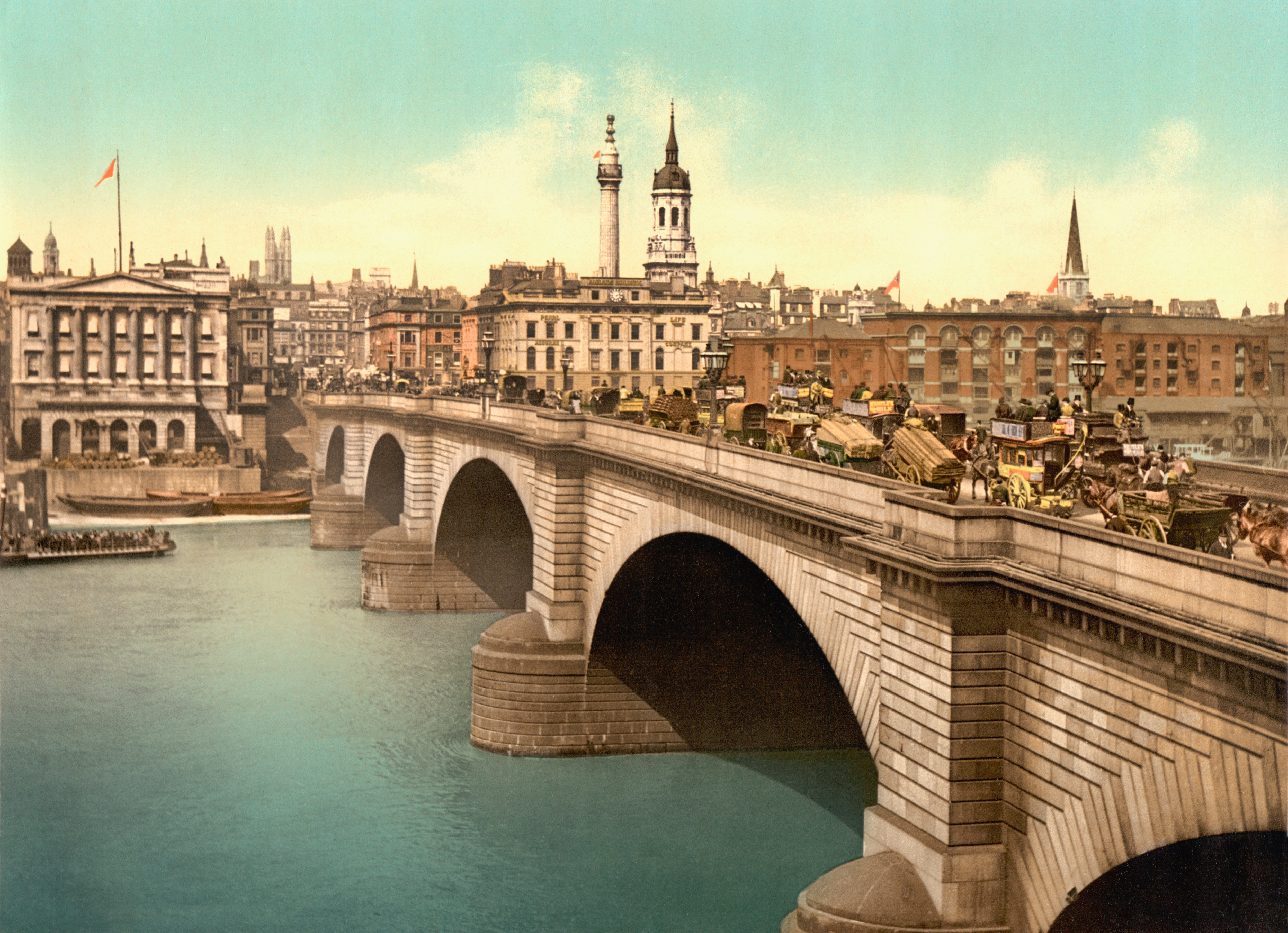 Historical illustration of a bustling 19th-century London bridge, with horse-drawn carriages and metropolis  skyline successful  the background