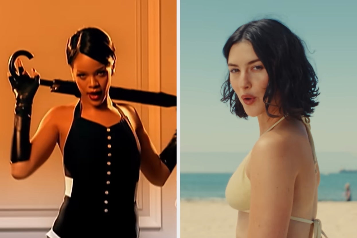 Rihanna on left with a unique gown and gloves; Gracie Abrams on right in a beach scene wearing a bikini, both in music videos