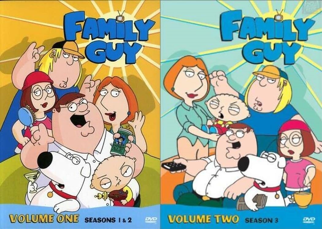 DVD covers for "Family Guy" Volumes One and Two featuring the show's main   animated characters successful  playful scenes