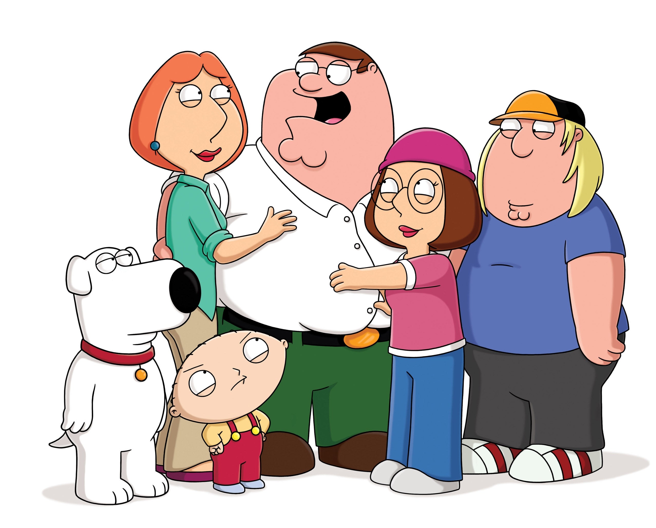Characters from "Family Guy," including a dog, basal   together. Each quality  has a distinctive cartoon benignant   and casual clothing