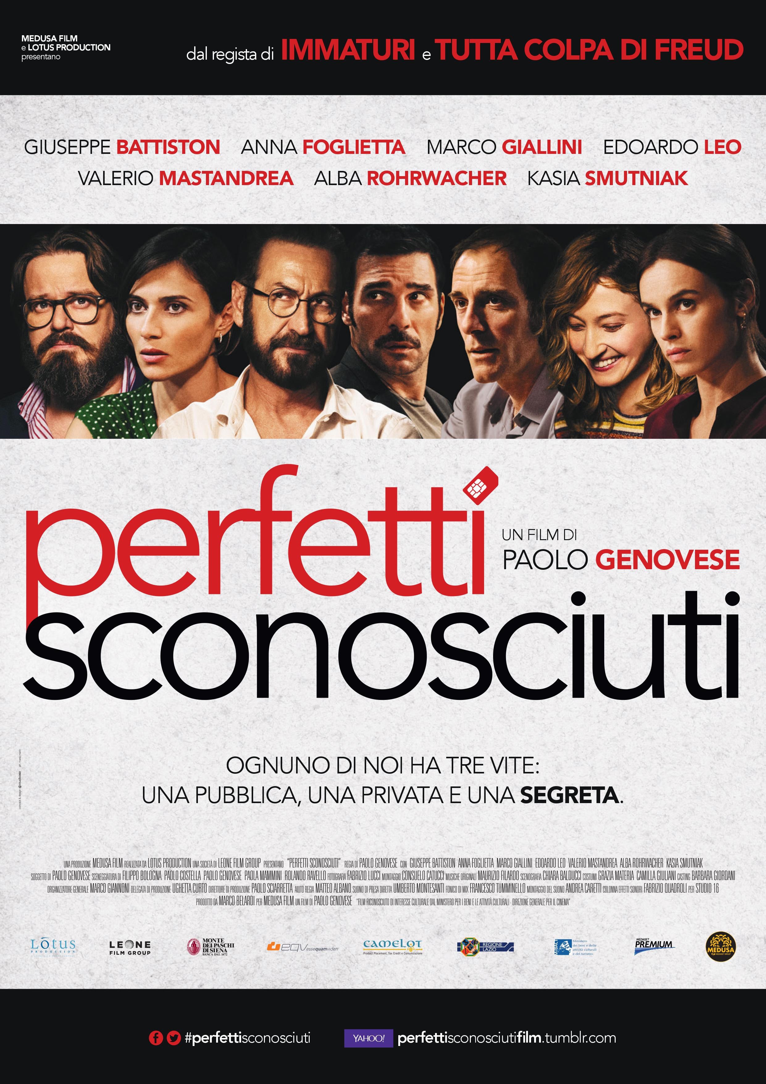 Poster for "Perfetti Sconosciuti" showing 7  characters' portraits and listing main   actors. Text suggests themes of nationalist   and backstage  lives