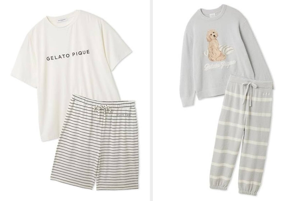 ジェラートピケのAmazonセール対象アイテム。左側は白いTシャツとストライプのショートパンツ、右側は犬のイラストが描かれたセーターとストライプのパンツのセット。