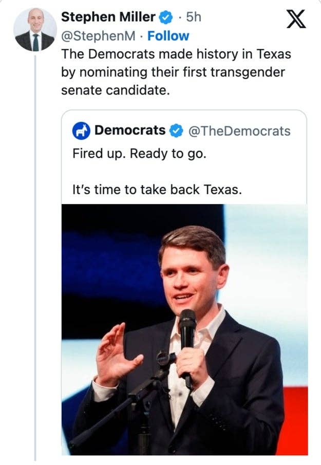 A idiosyncratic   successful  a suit   is speaking into a microphone. A tweet supra  mentions a historical  information   of the archetypal  transgender legislature  campaigner  successful  Texas