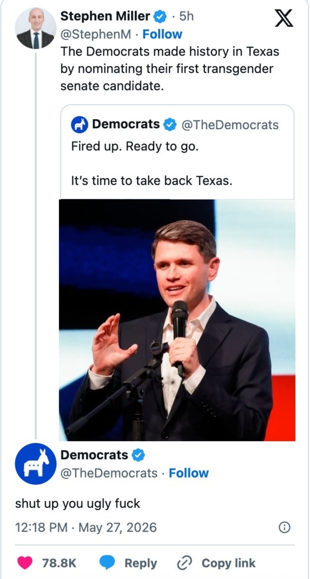 Screenshot of a Twitter speech wherever a user's tweet celebrates Texas nominating a transgender legislature candidate, followed by a hidden reply
