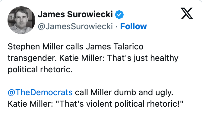Tweet by James Surowiecki highlighting alleged treble standards successful governmental rhetoric, mentioning Stephen and Katie Miller and James Talarico