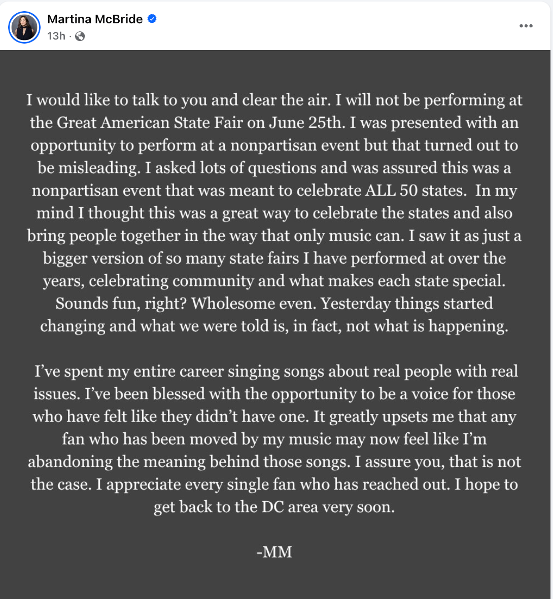 Gambar teks pernyataan dari MM yang menjelaskan mengapa mereka tidak tampil di Great American State Fair, dengan fokus pada peran musik dalam persatuan masyarakat