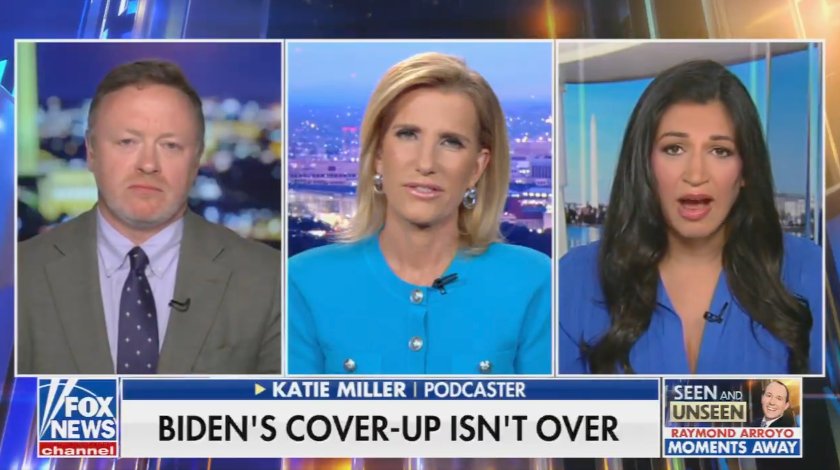 Three-person quality sheet discussing a Biden-related taxable connected Fox News. The surface displays the header "Biden's Cover-Up Isn't Over."