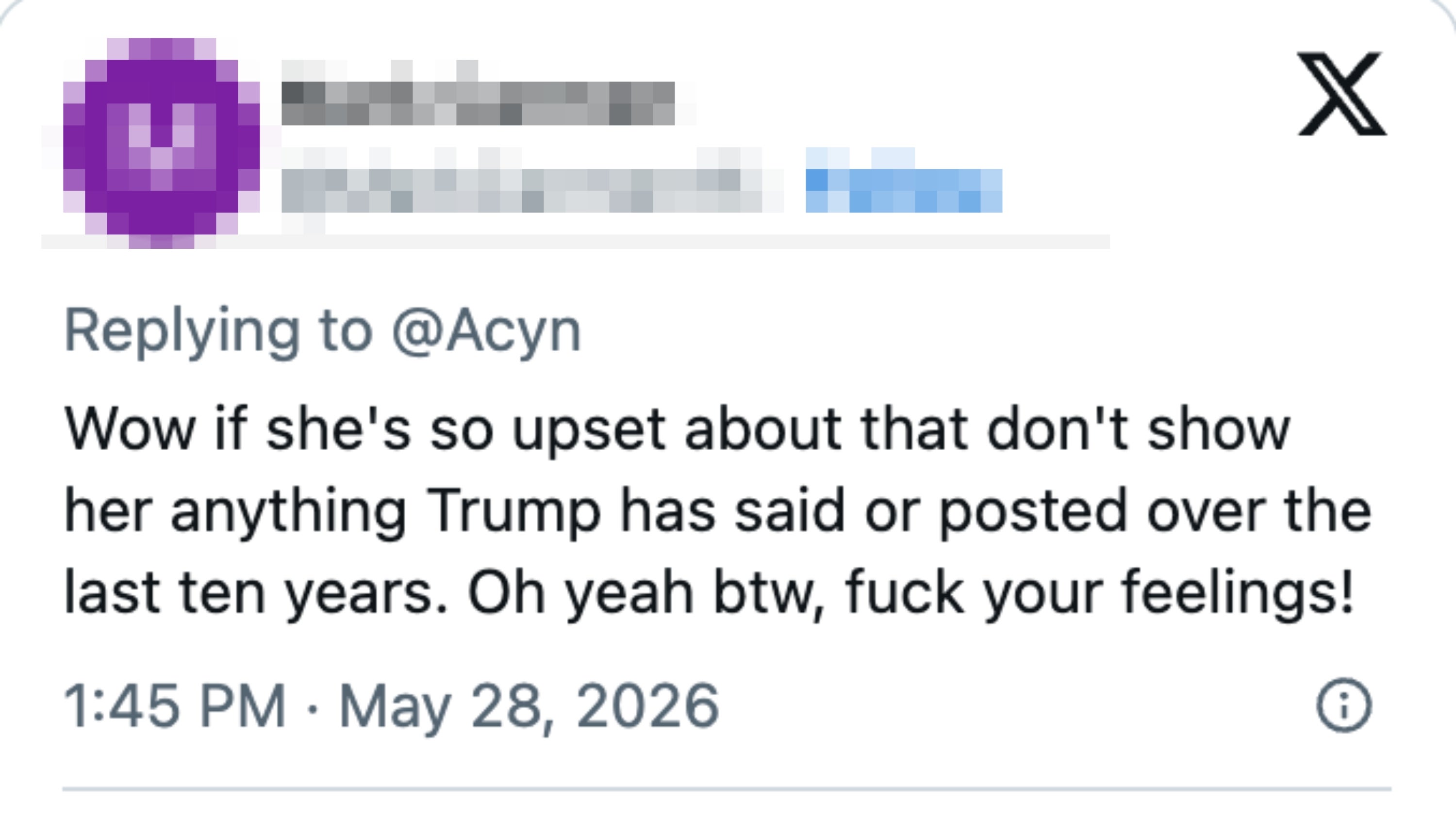 Screenshot of a tweet by Mark Carmen criticizing Trump's comments and dismissing concerns, dated May 28, 2026