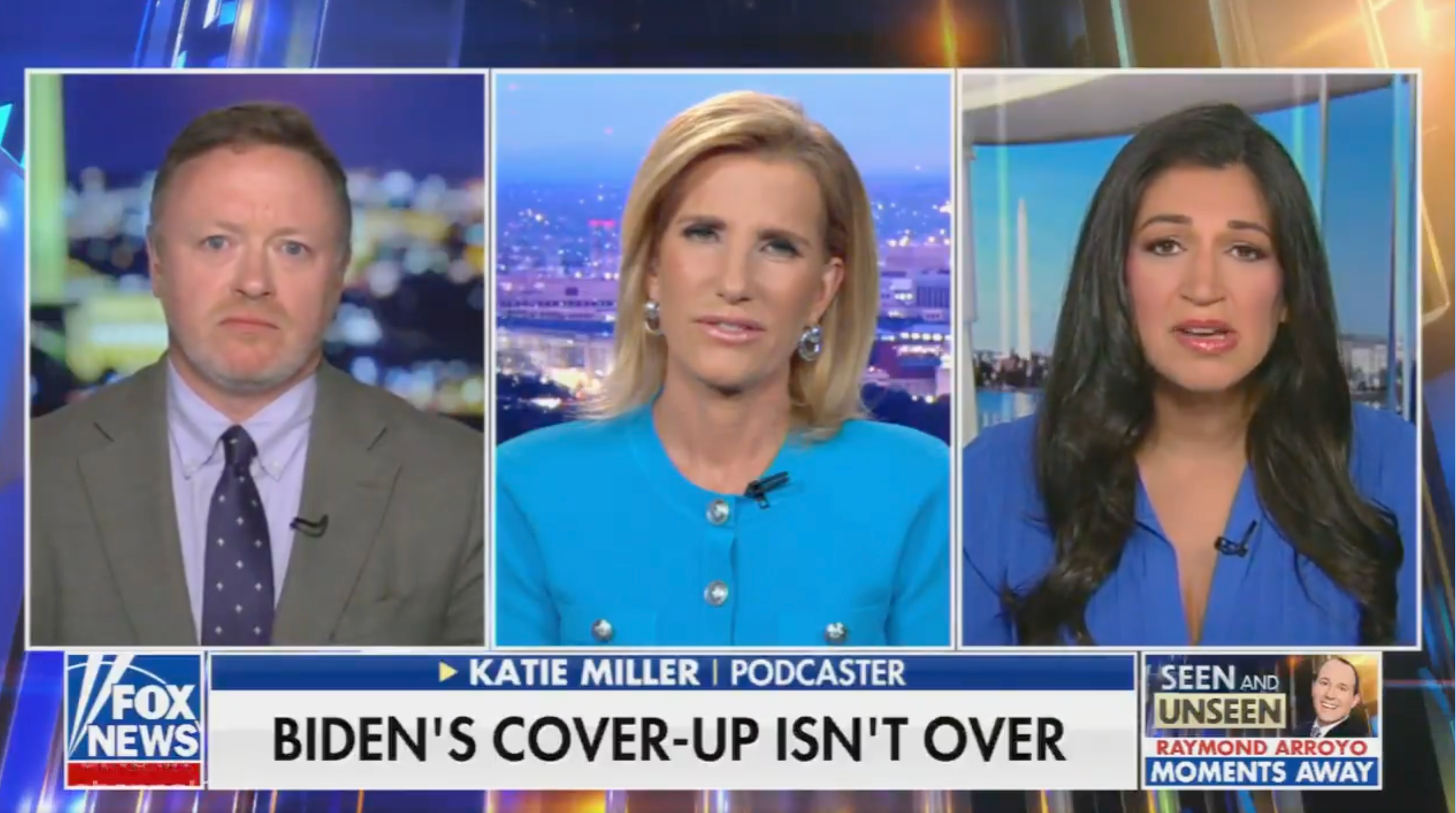 Three quality anchors during a unrecorded broadcast connected Fox News discussing "Biden's Cover-up Isn't Over."