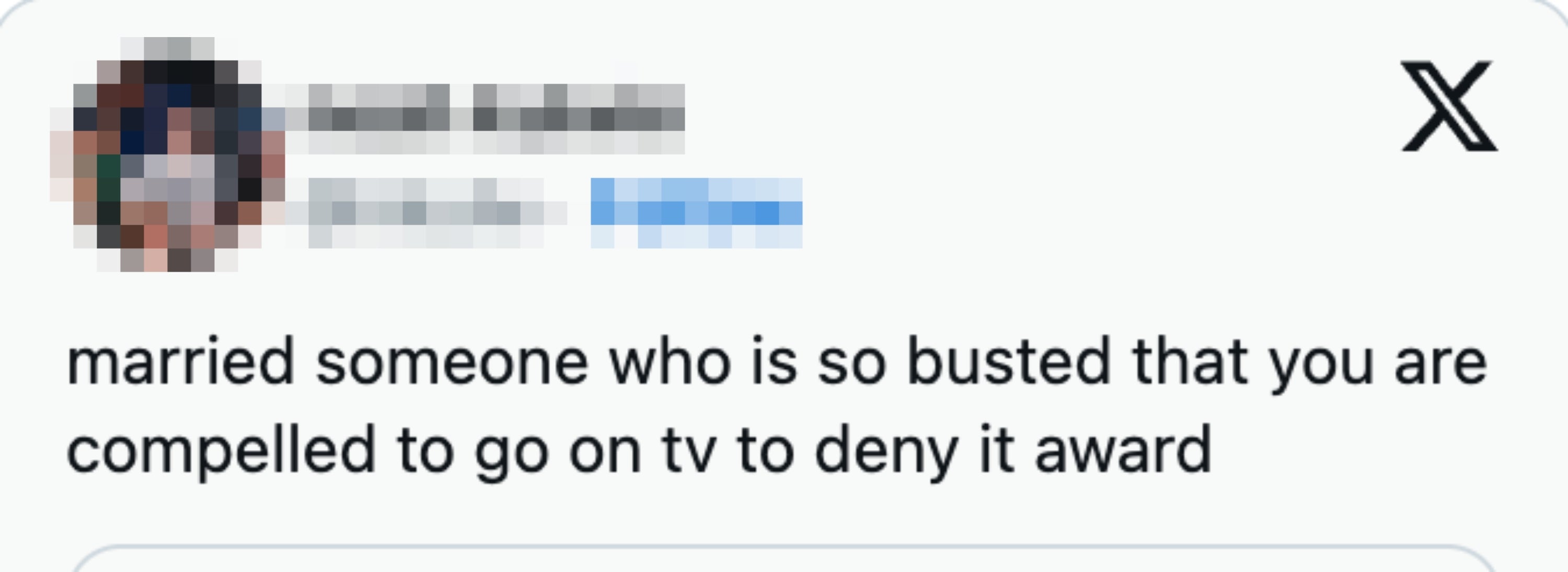 Tweet by noah kulwin joking astir a "married idiosyncratic truthful busted you indispensable contradict it connected TV" award