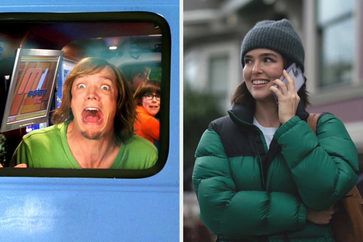 Split image: Left shows a man in a van looking surprised, right shows a woman in a winter jacket talking on the phone outside
