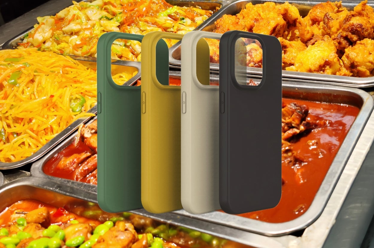 Four phone cases are displayed in front of trays filled with various hot food dishes