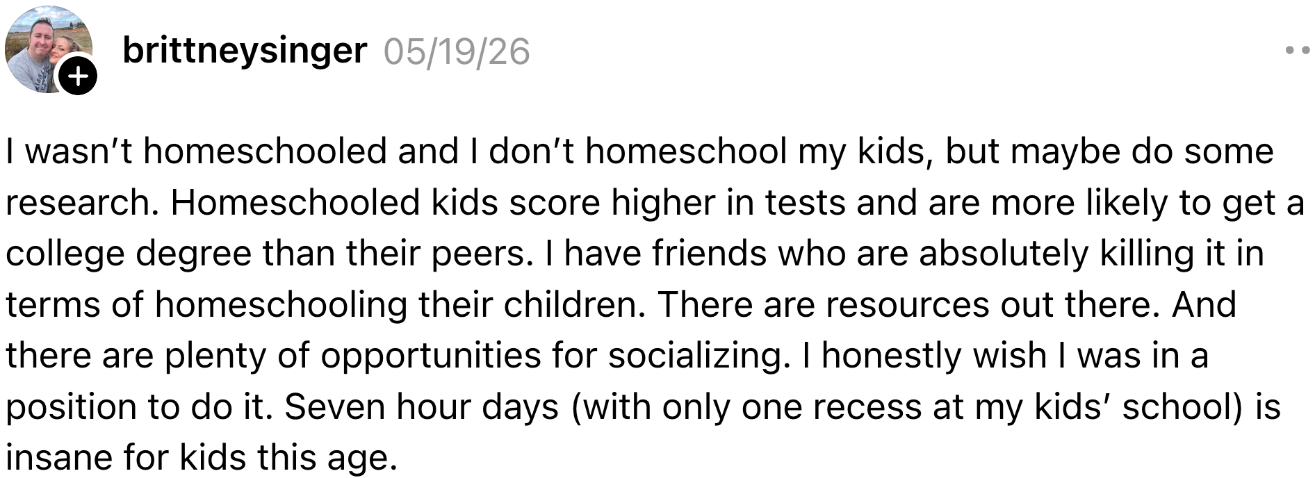 A social media post discussing the benefits of homeschooling, such as higher test scores and opportunities for socializing