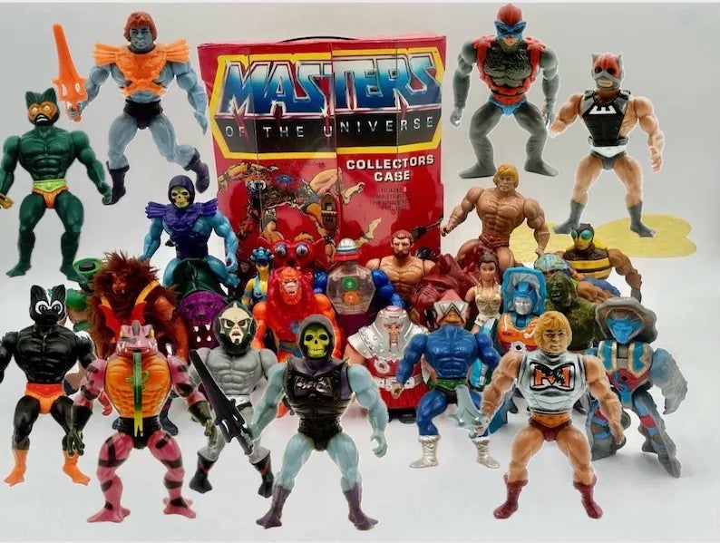 A postulation  of "Masters of the Universe" enactment   figures posed astir   a collector's case, featuring assorted  heroes and villains