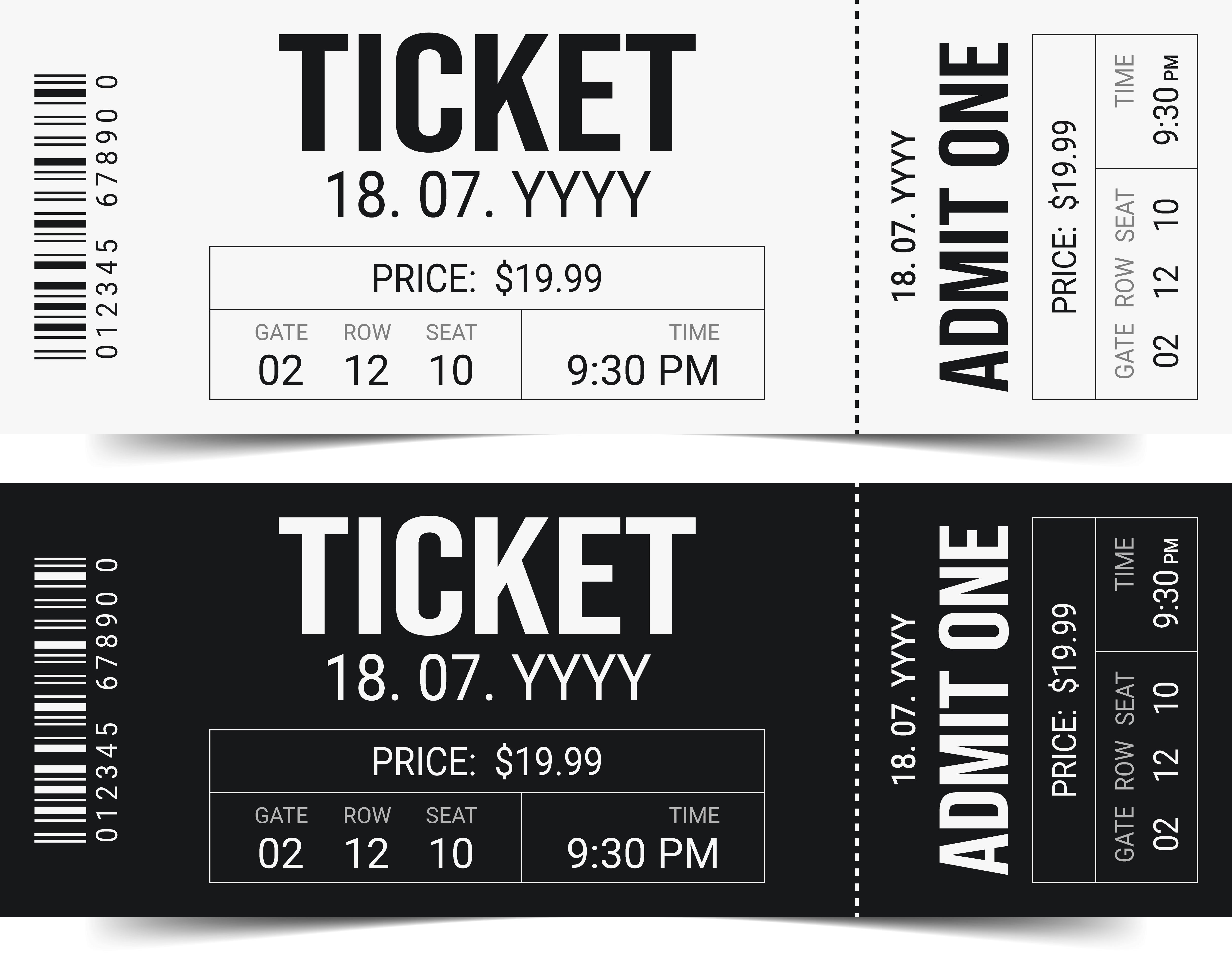 Dua tiket acara dengan detail yang sama: Harga $19,99, Gerbang 02, Baris 12, Kursi 10, dan penampung tanggal 18.07.YYYY