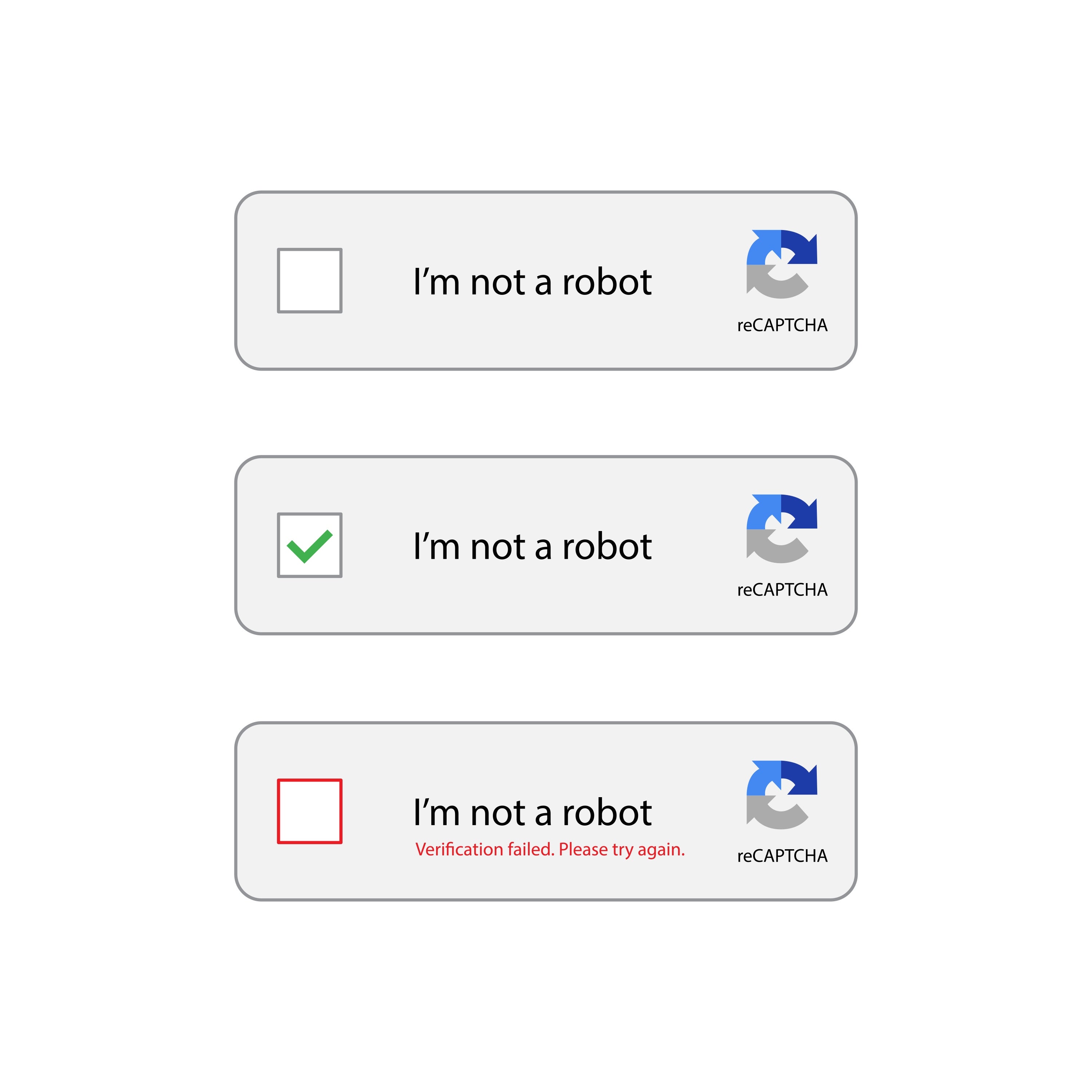 Tiga gambar reCAPTCHA: kotak tidak dicentang, kotak dicentang yang menunjukkan verifikasi manusia, dan pesan verifikasi gagal