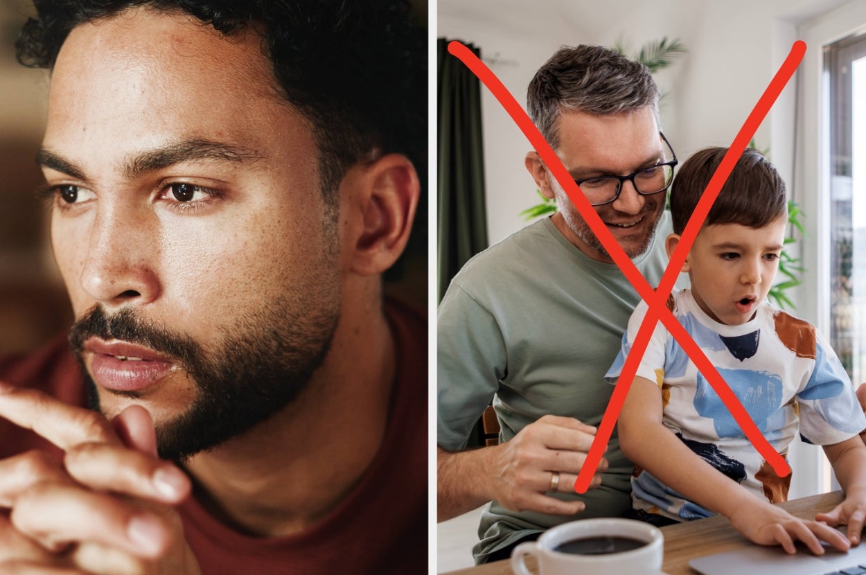 A man in close-up appears introspective vs a father and child at a computer
