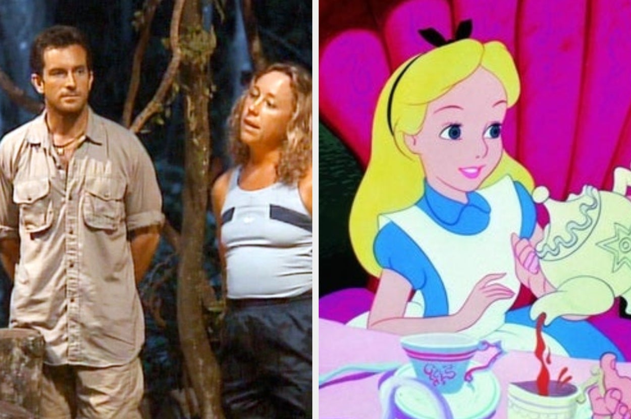 Two people stand in a jungle setting beside an illustration of a girl in a blue dress, holding a teapot