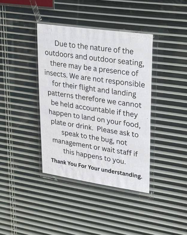 Sign explaining that outdoor seating may have insects and staff aren't responsible if they land on food. Advises speaking to management if needed