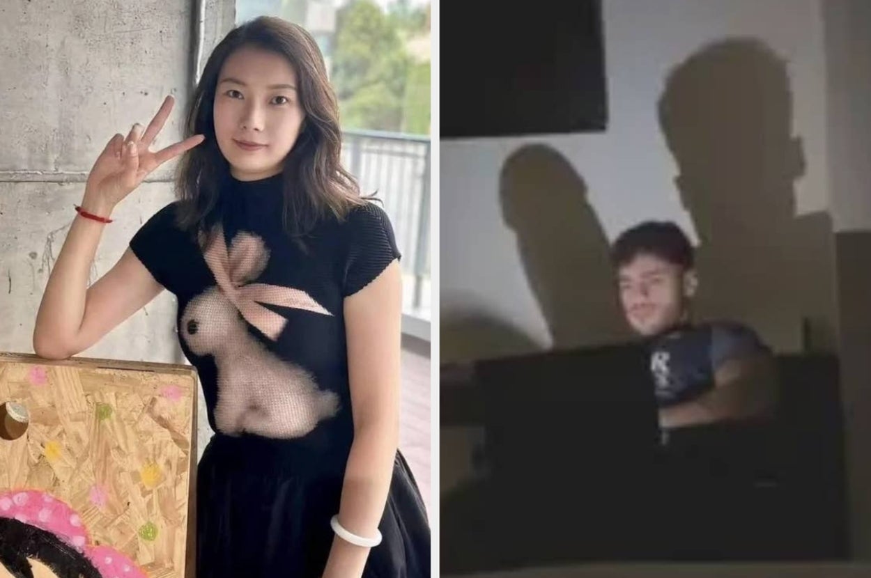 Left: Person posing indoors wearing a dress with a rabbit design. Right: Person sitting with computer, casting a shadow on the wall