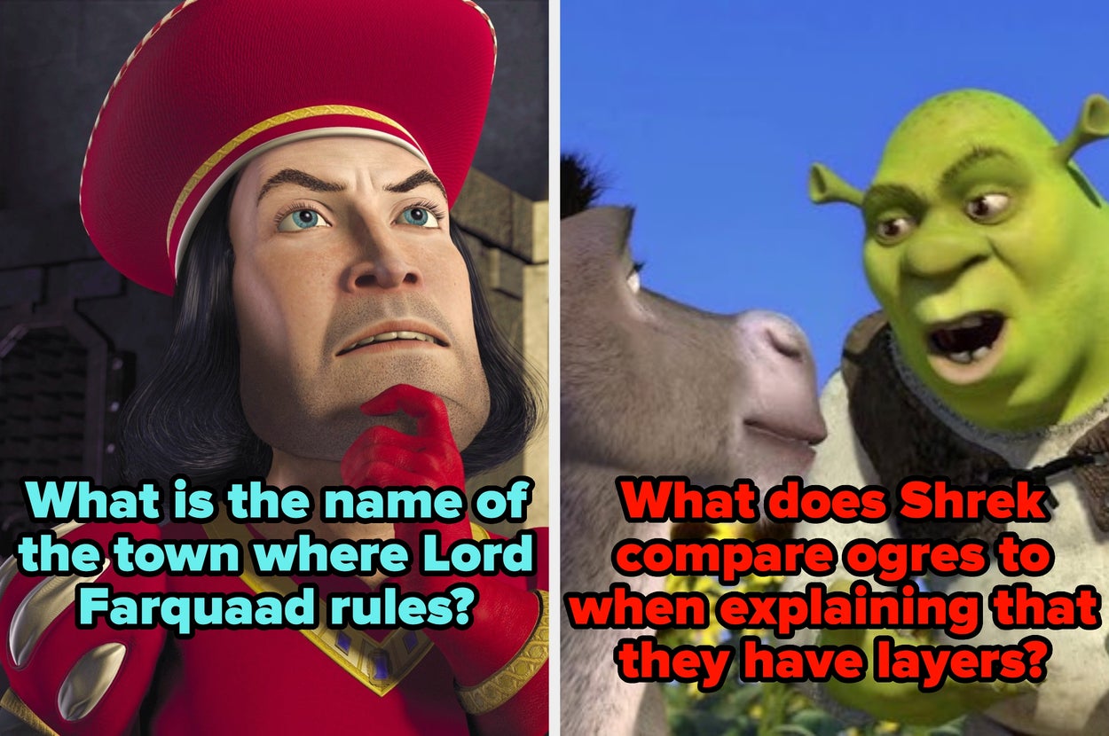 Two movie trivia questions: 1) Lord Farquaad's town name? 2) Shrek compares ogres to what when explaining they have layers?