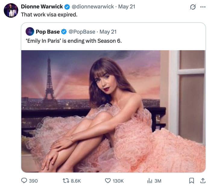 Tweet by Dionne Warwick joking about a work visa, with a screenshot of a tweet about "Emily in Paris" ending after Season 6