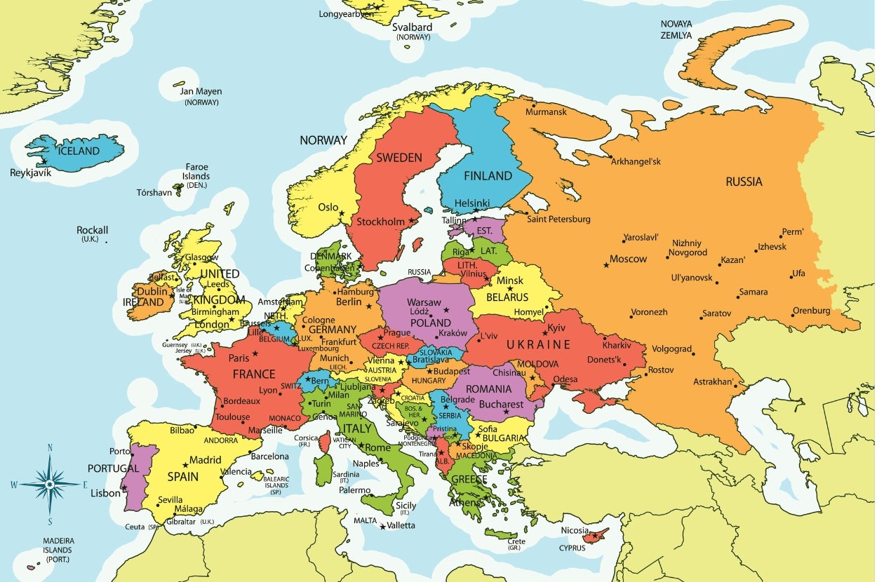 Map of Europe with country names and borders, showing major cities and bodies of water for reference