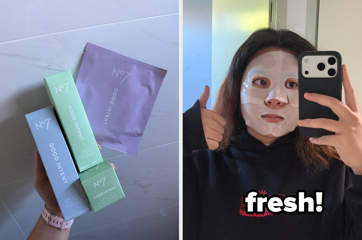 Person applying a No7 sheet mask gives a thumbs up while holding a phone. Nearby are No7 skincare product boxes and sachets. Text reads "fresh!"