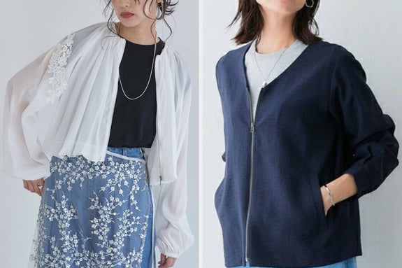 画像は、女性2人がそれぞれ異なるUVカットパーカーを着ている。左はレース刺繍バルーンショートブルゾン、右はジッパー付きカーディガン。
