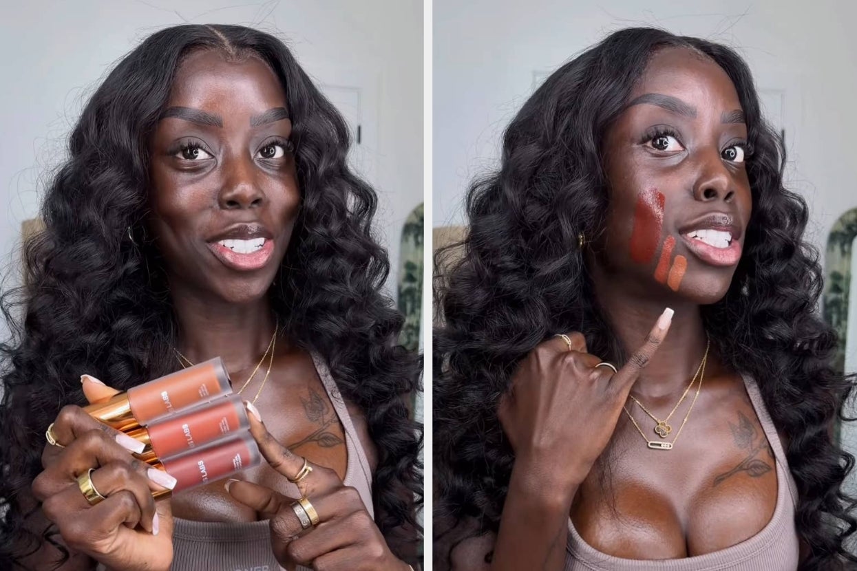 Golloria showing bronzer swatches on her cheek