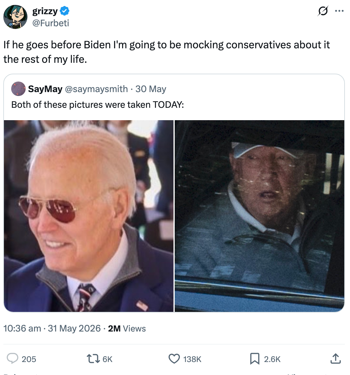 Tweet håner konservative, viser side ved side bilder av Joe Biden smilende og Donald Trump inne i en bil med tekst som viser at begge bildene ble tatt samme dag